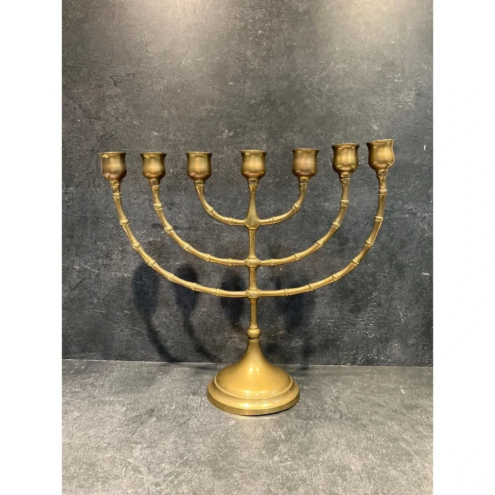 Vintage Brass 7-Arm Menorah: Bamboo‎ Style Hanukkah Candelabra